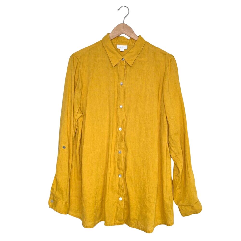 J. Jill Love Linen Mustard Yellow Button Down Shirt 100% Linen Size Large